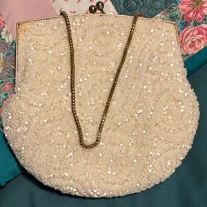 Chic White Beaded Clutch with Gold Chain